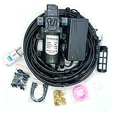 Sprühnebel Kühlung Terrasse Garten Gewächshaus Pavillon Wasserzerstäuber mit 12V Pumpe, Bewässerungssystem Outdoor Misting System Wasser Cooling Sprinkler System für Rasen, Blume, Outdoor
