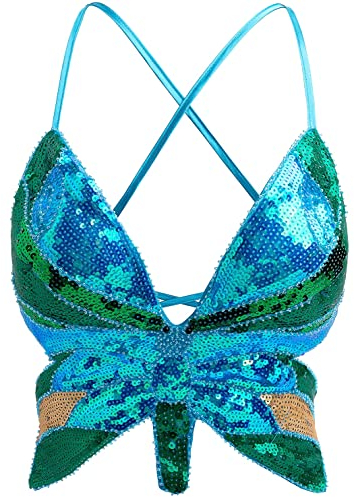 atokiss Frauen Sparkle from Within Butterfly Pailletten Tank Top Spaghetti Strap Crop Top Enge Ärmellos Schlauchoberteil Weste, Multicolor Lake Blue, Einheitsgröße