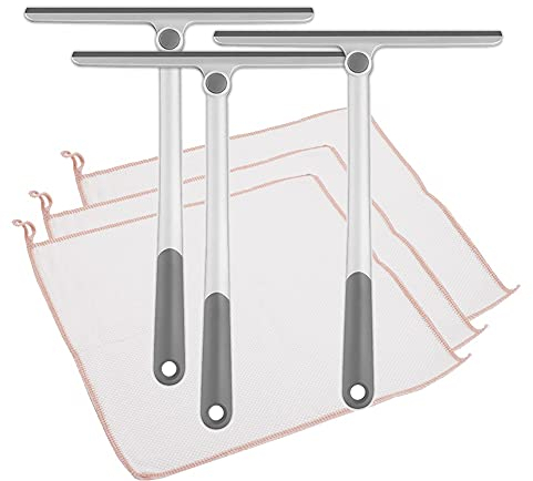 3 Stück Silikon Duschabzieher und 3 Stück Lappen, Fensterwischer Profi Fensterabzieher Duschabzieher Abzieher Dusche Badwischer Badezimmerwischer Duschkabinenabzieher