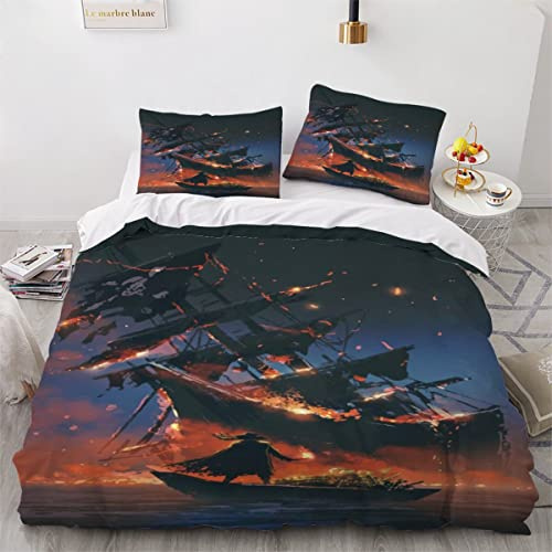 ZLKEJI Bettwäsche 135x200cm Pirat Mit Fackel, Der Auf Boot Steht Bettbezug SetSonnenuntergang Am Meer Bettwäsche Set 3D Mikrofaser Reißverschluss Bettbezug und Kissenbezug 80x80cm Flauschige Weich