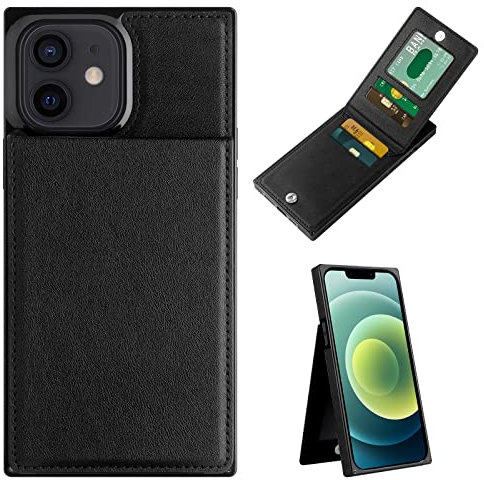 Aolcev Compatible with iPhone 12 Case iPhone 12 Pro Case Wallet Case with Card Holder Flip Folio PU Leather Magnetic Closure Stand Square Shockproof Protective Case Cover for iPhone 12/12 Pro-Black
