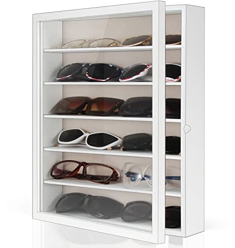 TJ.MOREE Sunglasses Organizer Storage Wall Mounted: 13 x 15.6 inches Eyewear Display Case Rustic Wood Eyeglasses Holder Large Glasses Storage Box,White