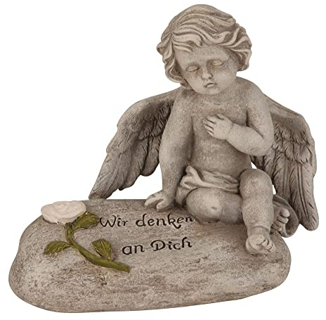 Grabschmuck Engel Wir denken an Dich 8cm hoch & 11,5cm breit Trauerfigur für Grab & Gedenkstätte wetterfest Dekoration Grabmal Gedenkstein mit Engel & Rose Grabdeko Erinnerung (Wir denken an dich)