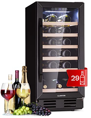 Klarstein Weinkühlschrank Freistehend, Kleiner Getränkekühlschrank Schmal, 1 Zone Weinkühlschrank mit Glastür, Indoor/Outdoor Beersafe, Kühlschrank Klein mit UV-Schutz, 5-18°C, 81 Liter / 29 Flaschen