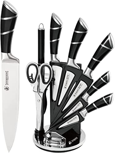 9-tlg Messerset mit Drehbare Acryl Messerblock, Schwarz Sharp Antihaft Beschichtete Kochmesser Block Set,Edelstahl Messer Set für Küche mit Schärfer zum Schneiden Schneiden Würfeln Hacken (Schwarz)