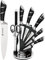 Justup Set di coltelli 9 pezzi con blocco di coltello acrilico rotante, tagliente antiaderente rivestito Knife Block Set, set di coltelli in acciaio inossidabile per cucina con affilatore (Nero)