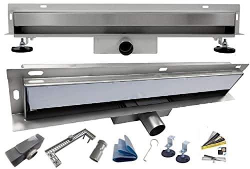 AQUA HEATING 2in1 Edelstahl-Wandablauf superflach Komplettset für Badezimmer mit Dusche, Duschrinne Ablaufgarnitur-Set für dünne Wand, Duschablauf mit Siphon Doppelseitige Rost 100 cm Silber