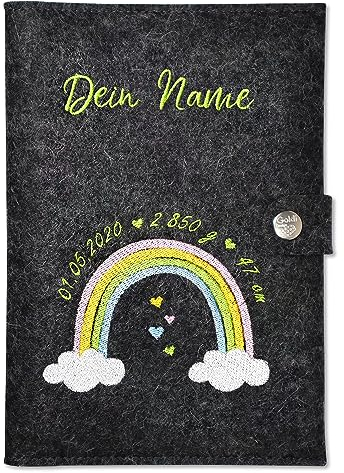 U Heft Hülle und Impfpass Personalisiert - Regenbogen Wolke - 2 Innenfächer - Druckknopfverschluss mit Logo - anthrazit meliert