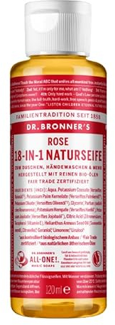 Dr. Bronners | 18-IN-1 Naturseife Rose | Organic Flüssigseife | Mit natürlichem Rosenaroma | Duschgel, Handseife, Shampoo und vieles mehr | Mit Bio Kokos-, Oliven- und Jojobaöl | 120 ml