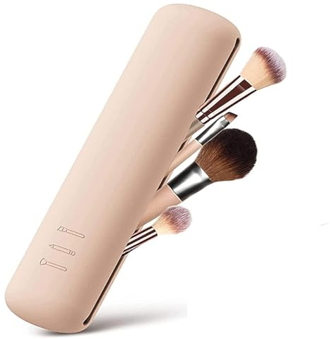 Travel Makeup Brush Holder, Silicon Trendy and Portable Cosmetic Face Brushes Soft Sleek Tools Organizer for Trave (Khaki)