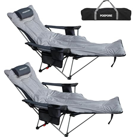POEPORE Lot de 2 Chaises de Camping Pliante Inclinable Pliable avec Repose-Pieds Réglable dans 4 Directions et Coussin en Coton Amovible pour Jardin Extérieur Pêche Gris