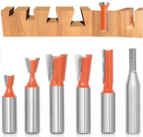 Akylin 6PCS Dovetail Router Bit 1/2 Inch Shank + TCT Straight Router Bit, Half-Blind & Through Dovetail Router Bit, for Making Drawers, Chests