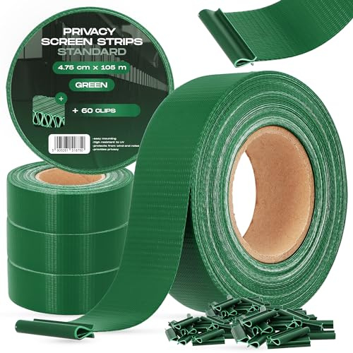 Sichtschutzstreifen 4,75 cm x 105 m Sichtschutzband 60 Befestigungsclips Zaunsichtschutz Doppelstabmatten Zaun Sichtschutz Zaunfolie Windschutz Sichtschutzfolie