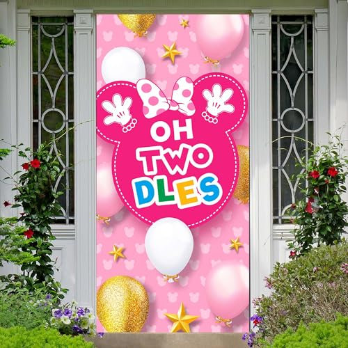Cartoon Pink Mouse Happy 2nd Birthday Banner Hintergrund Oh Twodles Thema Haustür Dekor für Mädchen Kleine Prinzessin Zweiter Geburtstag Party Gastgeschenke Dekorationen Supplies 90 x 184,9 cm BECKTEN