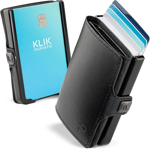 PURISTO KLIK Minimal Slim Wallet mit Münzfach - Mini Portemonnaie und Geldbörse für Herren aus Echtleder - Kleiner Credit Card Holder mit RFID Schutz für 6-8 Karten - Schwarz