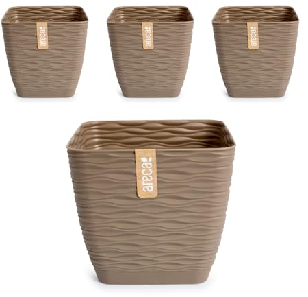 PracticDomus Lote de 4 Macetas Decorativas Cuadradas Wind con Platos Integrados (17 cm, Taupe)