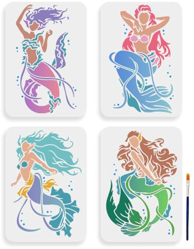 MAYJOYDIY 4 Meerjungfrau Schablone 29.7 × 21 cm Groß Mit Pinsel Schablonen Mit Verträumten Meereslebewesen Zeichenvorlage Für Heimwerker Basteln Möbel Holz Leinwand Papier