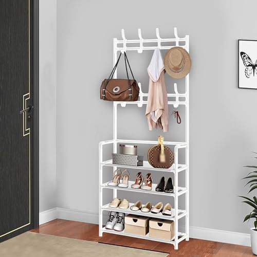 HaoJieHan Porte-manteaux et chaussures, 4 niveaux, porte-manteau avec rangement à chaussures, porte-manteau autonome avec 8 crochets pour chambre à coucher, couloir, bureau, blanc, 155 x 60 x 26 cm