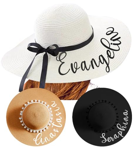 YINYIFANS Chapeau de soleil pour femme - Texte personnalisé - Chapeau de paille pliable à larges bords - Protection UV 50+ - Chapeau fait main - Cadeau pour lune de miel, Chapeau de plage,