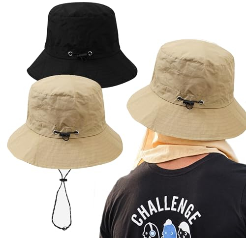 Sonnenhut Herren Damen, Regenhut, Wasserdicht, UV-Schutz, Faltbarer Hut mit Verstellbarer Breiter Krempe zum Angeln, Klettern, Wandern und Anderen Outdoor-Sportarten (Schwarz und Khaki)