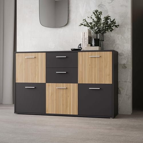 möbelando Sideboard >Quadro 2< mit 5 Türen und 2 Schubladen, in grau/Lamela Eiche hell - 138,2x95,1x40cm (B/H/T)
