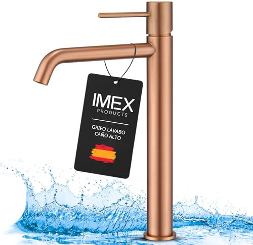 IMEX - Grifo Lavabo Caño Alto | Grifo Baño Mezclador Agua Fria y Caliente | Grifería Monomando Efeto Cascada con Caño de Latón y Ahorro de Agua | Serie Monza | Color Oro Rosa Cepillado