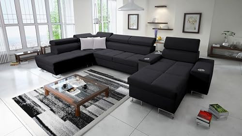 All4All Ecksofa mit Schlaffunktion Margo V 371x221 cm - Schlafsofa mit Bettkasten - Wohnlandschaft in U-Form - XXL Sofa - Seite rechts - Gewebe - Schwarz - Modern 26
