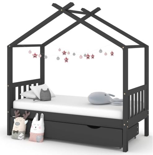 Hommdiy Kinderbett mit Schublade Dunkelgrau Massivholz Kiefer 80x160 cm
