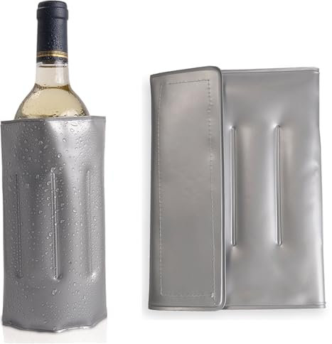 2 x Flaschenkühler für unterwegs - Weinkühler-Manschette mit Schnellverschluss - Kühlmanschette zum Kühlen von Bier, Wein und Softdrinks - Wiederverwendbar Sektkühler Picknick Reise (Silber-Silber)
