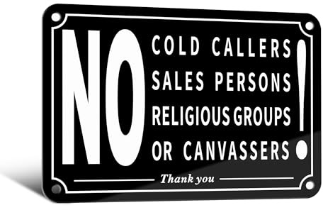 TAKULA No Cold Callers Sign 15x10 cm, Stop Religious Groups & Salesmen | Aluminium metal,self-adhesive backing for easy installation.Suitable for indoor and outdoor use on doors, gates, and windows