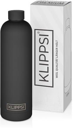 KLIPPSI® Trinkflasche Edelstahl 1000ml, isolierte Thermoflasche, 12h warm 24h kalt, auslaufsicher, langlebig, BPA frei und wiederverwendbar, ideal für Sport, Schule, Reisen und Outdoor(Schwarz)