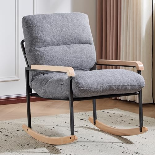 Mingone Holz-Schaukelstuhl mit gepolstert grau | Relax Stuhl Sessel | Wohnzimmersessel Lounge für Schlafzimmer, Wohnzimmer 120kg