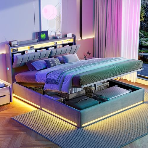 LONELYO Modernes Polsterbett 160x200 mit Stauraum und LED-Lichtern – Boxspringbett mit hydraulischem System und Kopfteil-Aufbewahrung, perfekt für Jugendliche und Erwachsene