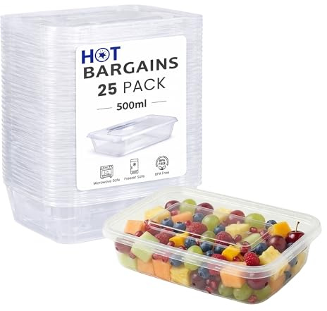 HOT BARGAINS 500ml Rectangular Food Storage Containers with Lids, Pack of 25, BPA-Free Plastic, Microwave and Freezer Safe (25, PLS01, Rectangular, 500, Millilitres)