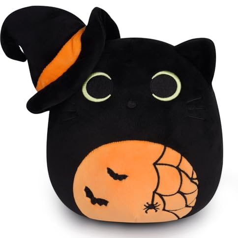 Desdfcer Halloween Schwarze Katze Plüschtier, 20 cm Halloween Kuscheltier mit Hexenhut & Spinnennetz, Kleines Kuscheltier für Kinder Geschenke