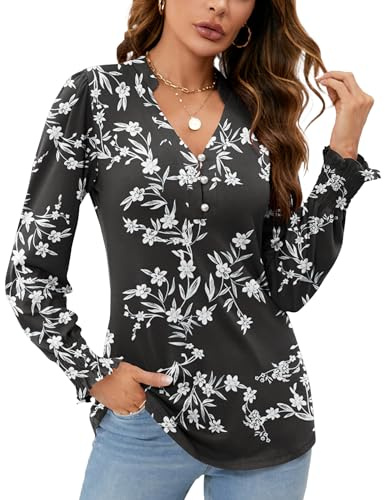 Rapbin Long Sleeve Tops Women V Neck T-Shirts Ladies Button Down Tunic Casual Ruffles Cuffs Sleeve Blouses Black White Floral M (UK 12-14)