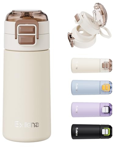 Exllena Small Insulated Water Bottle 400ml with Pop-Open Soft Straw & Spout 2-in-1 Lid, Kids Insulated Water Bottle Leak Proof for Cold&Hot Drinks, BPA-Free, Ideal for School, Handbag, Sport(Beige)