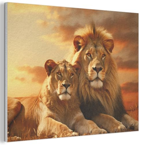 MuchoWow© Filzbilder Wanddeko Wohnzimmer Aesthetic Room Decor Deko Zimmer | 100x70 cm - Wandbilder Modern Bild aus Filz Löwen - Sonnenuntergang - Afrika - Savanne - Tiere