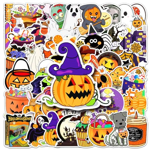 50 Stück Halloween Sticker,Wasserdicht Halloween Aufkleber,Halloween Kürbis Aufkleber Kinder, für Laptop,Gepäck,Skateboard Auto Motorrad Fahrrad Scrapbooking Schlafzimmer, Küche, Badezimmer
