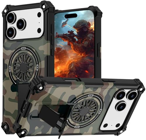 Fofvccv Camouflage Magnetische Schutzhülle für iPhone 17 Pro Max JY Grün | Männer Militärqualität Stoßfeste Handyhülle, mit Dekompressions Gyro und Faltbarem Ständer für iPhone 17 Pro Max