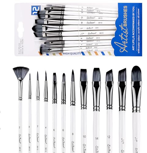 12Pcs Watercolour Brushes, Acrylic Paint Brushes Set, Premium Nylon Hair, Variety Shapes with Round Pointed, Flat, Cat's Tongue, Dagger, Ideal for Watercolour, Acrylic, Gouache, and Craft Painting