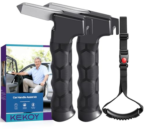 Kekoy 4 in 1 Car Door Handle for Disabled 2 Pack with Support Strap | Mobility Aids for Elderly, Car Door Assist Handle with Window Breaker & Seat Belt Cutter for Getting Out of Car, Black