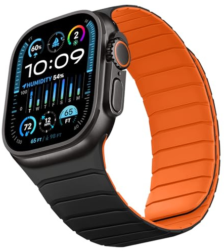 Sixmoat Bracelet Réversible Double Face Compatible avec Apple Watch 42mm (série 11/10) 41mm 40mm 38mm, Bracelet Magnétique en Silicone Souple pour iWatch SE série 11 10 9 8 7 6 5 4 3, Noir-Orange