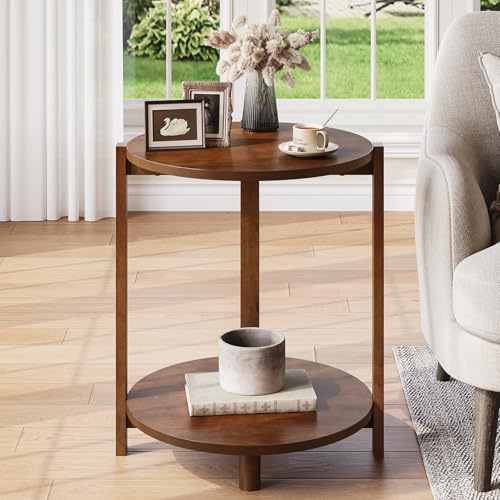 TRIBEWOOD Beistelltisch Rund 48cm, Retro Couchtisch Massivholz mit 2 Ebenen, Nachttisch Vintage für Wohnzimmer & Schlafzimmer, runder Sofatisch Holz Design, 48 x 48 x 60 cm, Rustikales Braun