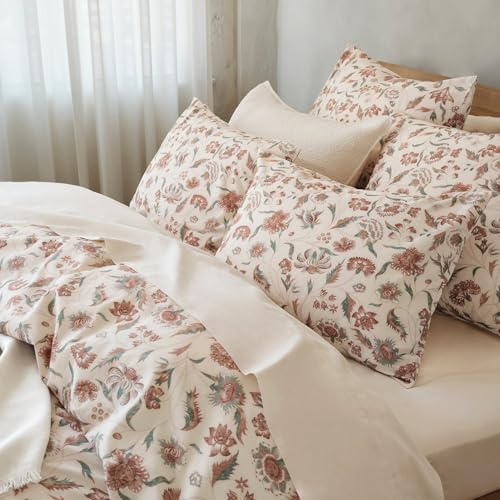 Freyamy Blumen Bettwäsche 135x200 2tlg,Vintage Rot Botanisches Beige Bettwäsche-Set Mikrofaser Bettwäsche,1 Bettbezug mit Reißverschluss und 1 Kissenbezüge 80x80cm