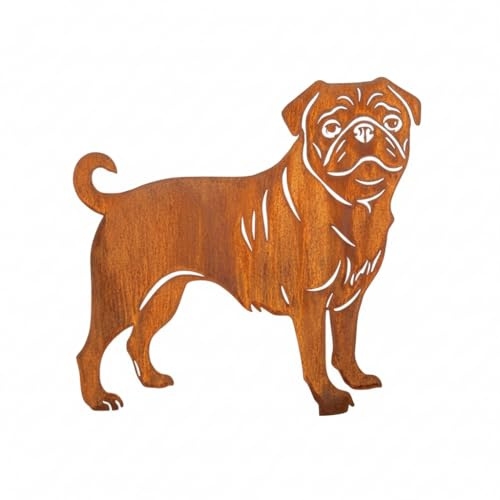 Kapaga - Edelrost Gartenstecker Mops - Rost Deko Hund Rostfigur | Gartendeko für Draußen - stabile Metall Gartenfigur aus Stahl - Wetterfest für Beet Terrasse - 33x24cm