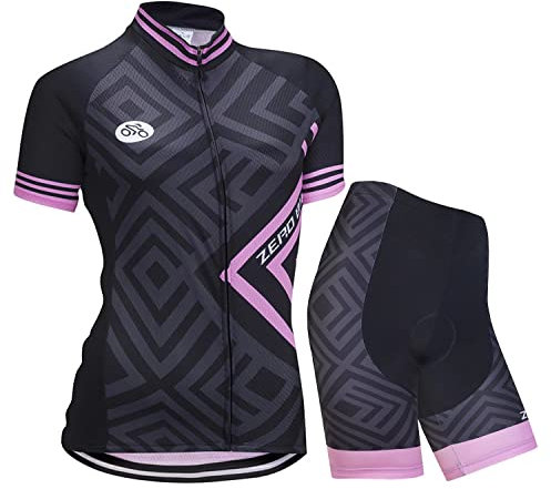 ZEROBIKE Damen Atmungsaktiv Schnelltrocknend Fahrradtrikot Set, Outdoor Kurzarm Radsport-Shirt + 3D Gel Gepolsterte Kurze Hose Fahrradhose, S, Diamantrosa