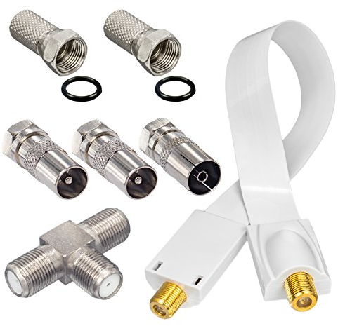 HB-DIGITAL Adapter-Set. 2 DVB-T/T2 Receiver mit nur Einer aktiven DVB-T/T2 Antenne betreiben. Inkl. Fensterdurchführung Weiß. Für Terrestrische Antennen mit IEC-Stecker Ausgang (Kabelanschluss)