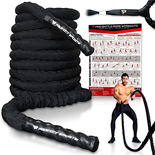 Cuerdas de batalla profesionales con kit de correa de anclaje y póster de ejercicio, funda protectora duradera mejorada, cuerda de batalla pesada 100% poliéster dacron para entrenamiento de fuerza,