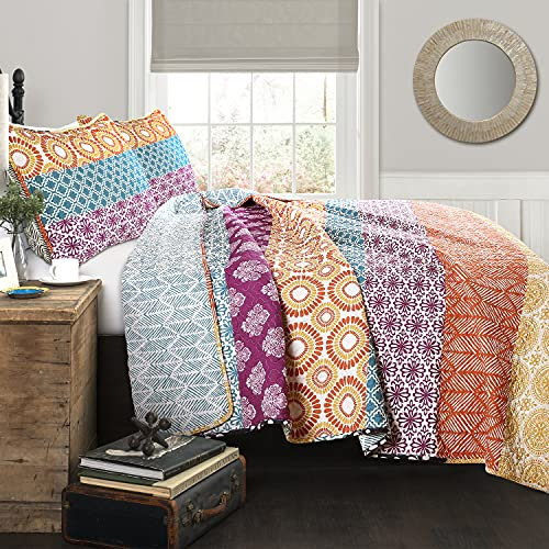 Lush Decor Wende-Bettwäsche-Set aus Baumwolle, Bohemian-Streifen, 3-teilig, Kingsize, Fuchsia und Orange, gestreiftes Bettwäsche-Set, Violette Steppdecke, King-Size-Größe, Boho-Dekor